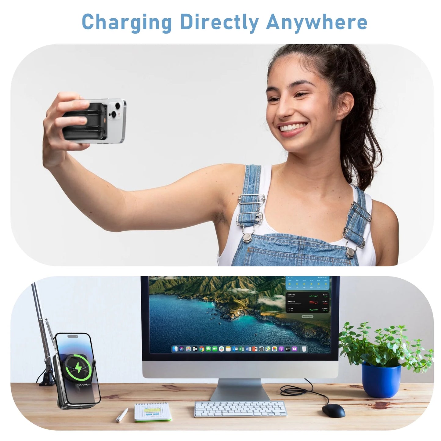 Magnetic Wireless Portable Charger, 10000Mah Power Bank with Built in 2 Cables, Foldable Stand,22.5W Fast Charging Phone Charger Compatible with Iphone 17/16 Series, Samsung, Android, Black