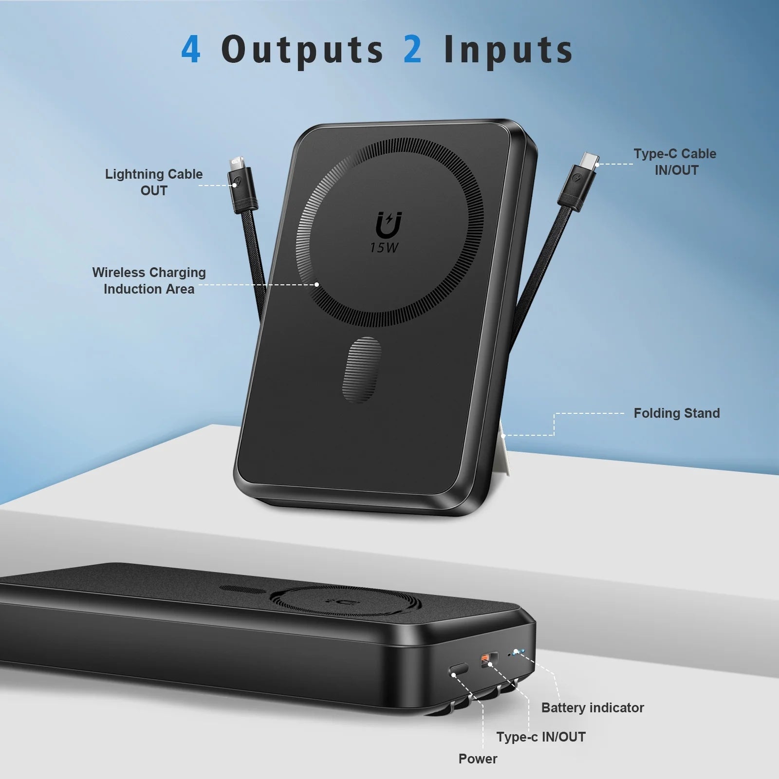 Magnetic Wireless Portable Charger, 10000Mah Power Bank with Built in 2 Cables, Foldable Stand,22.5W Fast Charging Phone Charger Compatible with Iphone 17/16 Series, Samsung, Android, Black