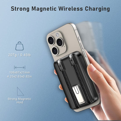 Magnetic Wireless Portable Charger, 10000Mah Power Bank with Built in 2 Cables, Foldable Stand,22.5W Fast Charging Phone Charger Compatible with Iphone 17/16 Series, Samsung, Android, Black