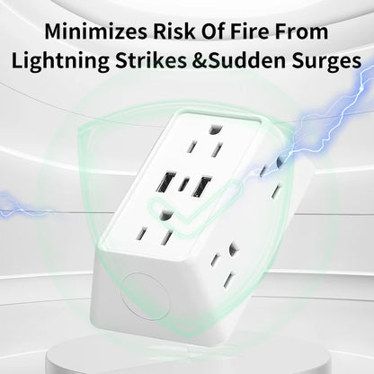 9-In-1 Power Strip with 2 USB Sockets, 1 Type-C Socket, and 6 AC Sockets. Multi-Socket Wall Plug (Power Expander), Small Size,