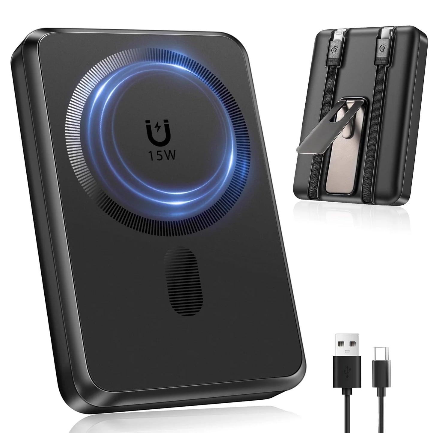 Magnetic Wireless Portable Charger, 10000Mah Power Bank with Built in 2 Cables, Foldable Stand,22.5W Fast Charging Phone Charger Compatible with Iphone 17/16 Series, Samsung, Android, Black