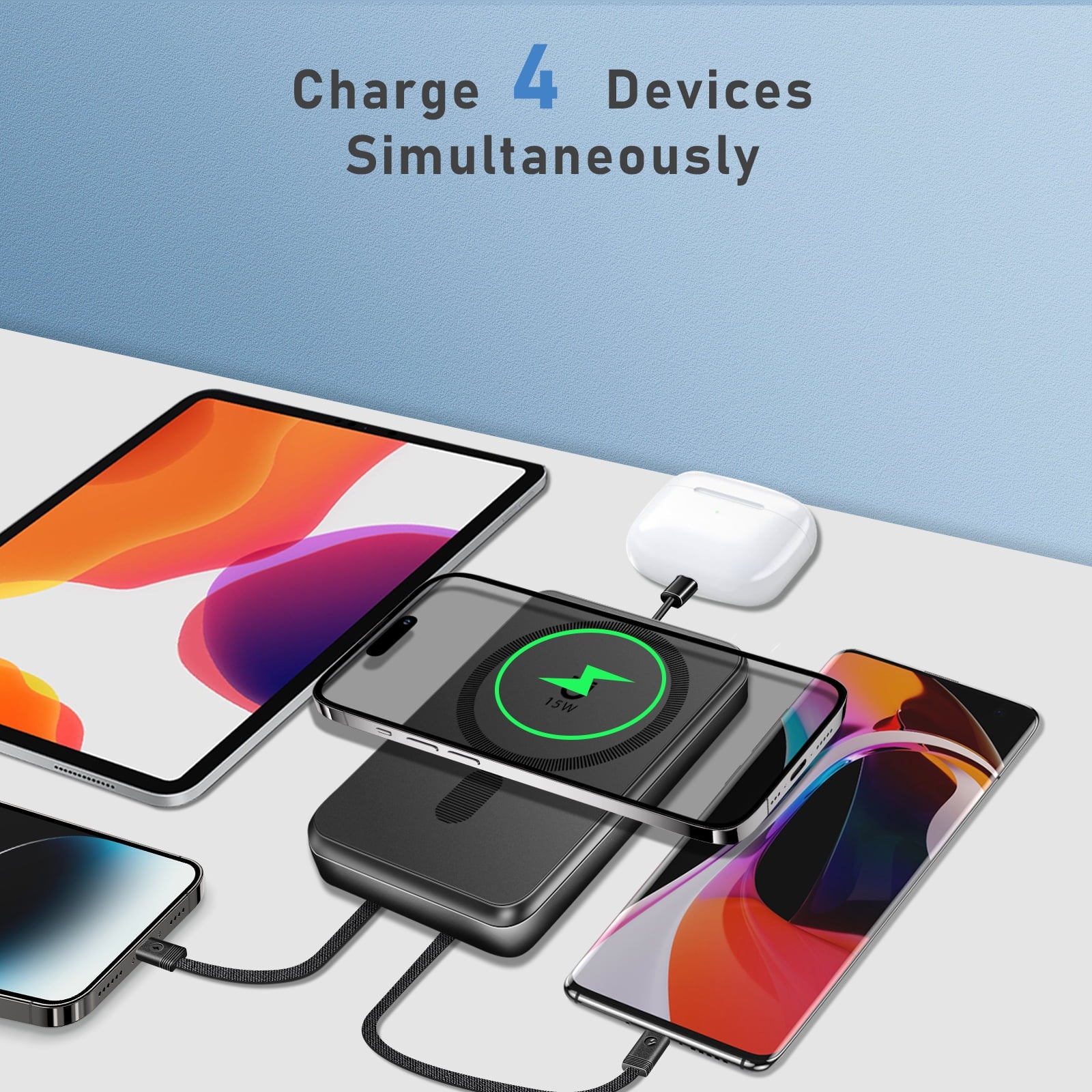 Magnetic Wireless Portable Charger, 10000Mah Power Bank with Built in 2 Cables, Foldable Stand,22.5W Fast Charging Phone Charger Compatible with Iphone 17/16 Series, Samsung, Android, Black